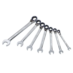 Juego de llaves combinadas pulido espejo de matraca rev mét, 12 puntas,7 pz en rack Urrea