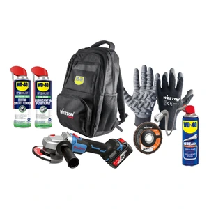 WESTON-KITESMPADRE / KITESMPADRE ESMERIL. 20V 8500RPM 4-1/2 + DISCO ZIRCONIA 4-1/2 G60 5PZ + GUANTE ANTIVIB + WD40 14.4OZ + MALETA