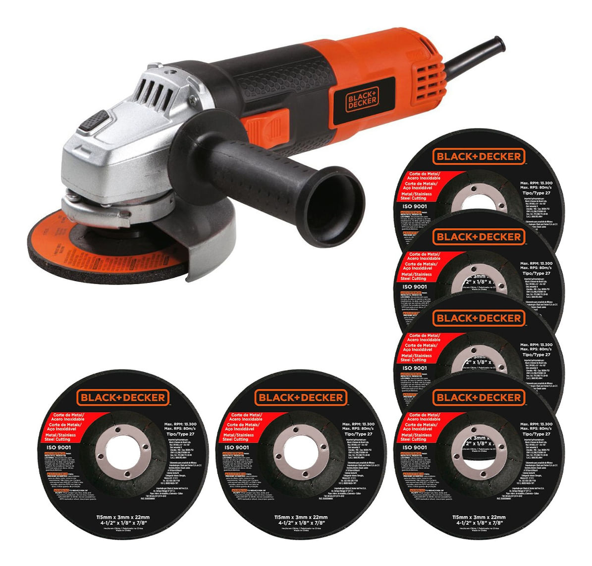 Miniesmeriladora angular 4 1/2" Black+Decker G720P-B3 con discos