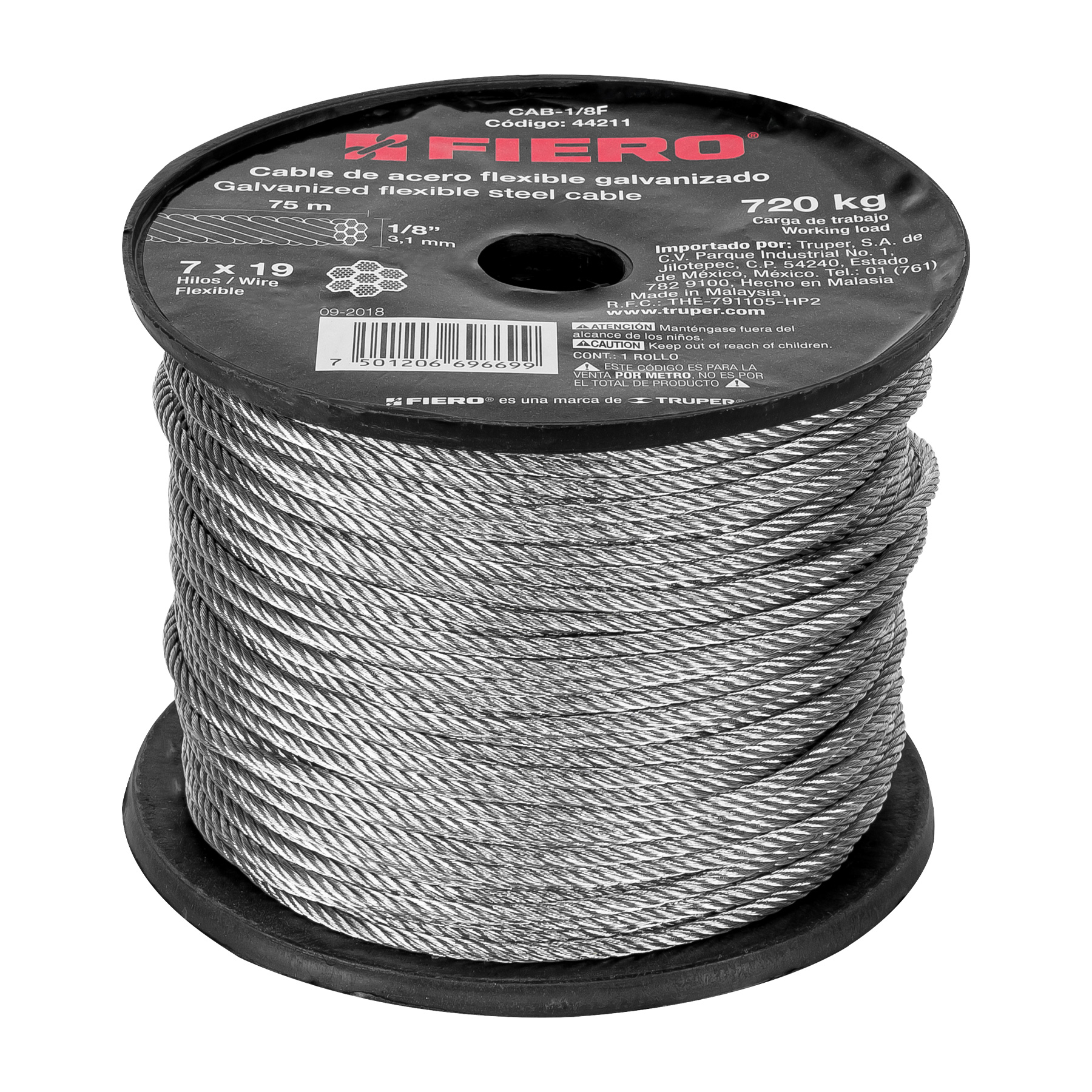 Cable flexible de acero 1/8, 246.1 ft