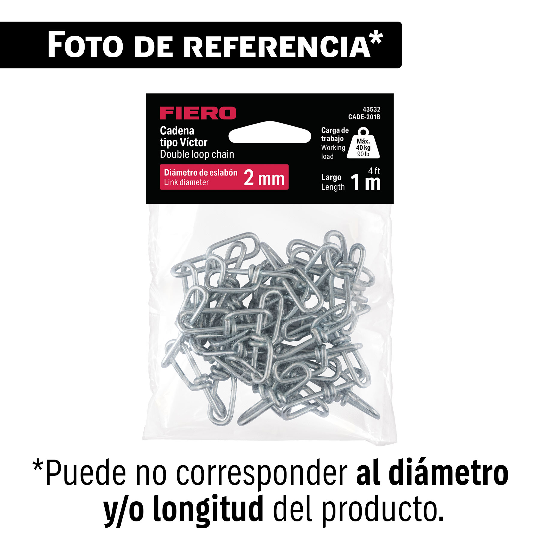 Bolsa con 3 metros de cadena tipo victor de 3 mm, FIERO
