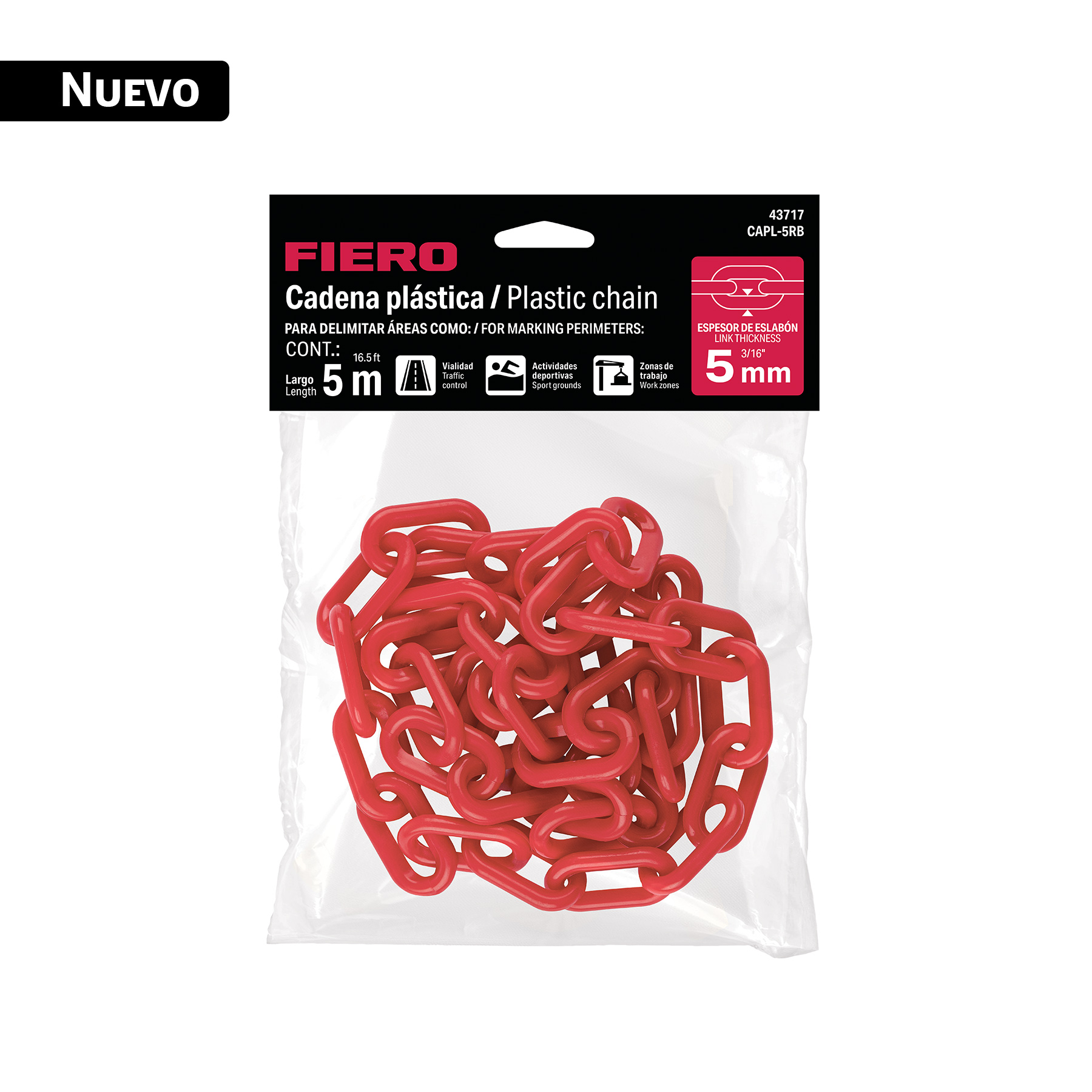 Bolsa con cadena plástica roja 5 mm x 5 m, FIERO