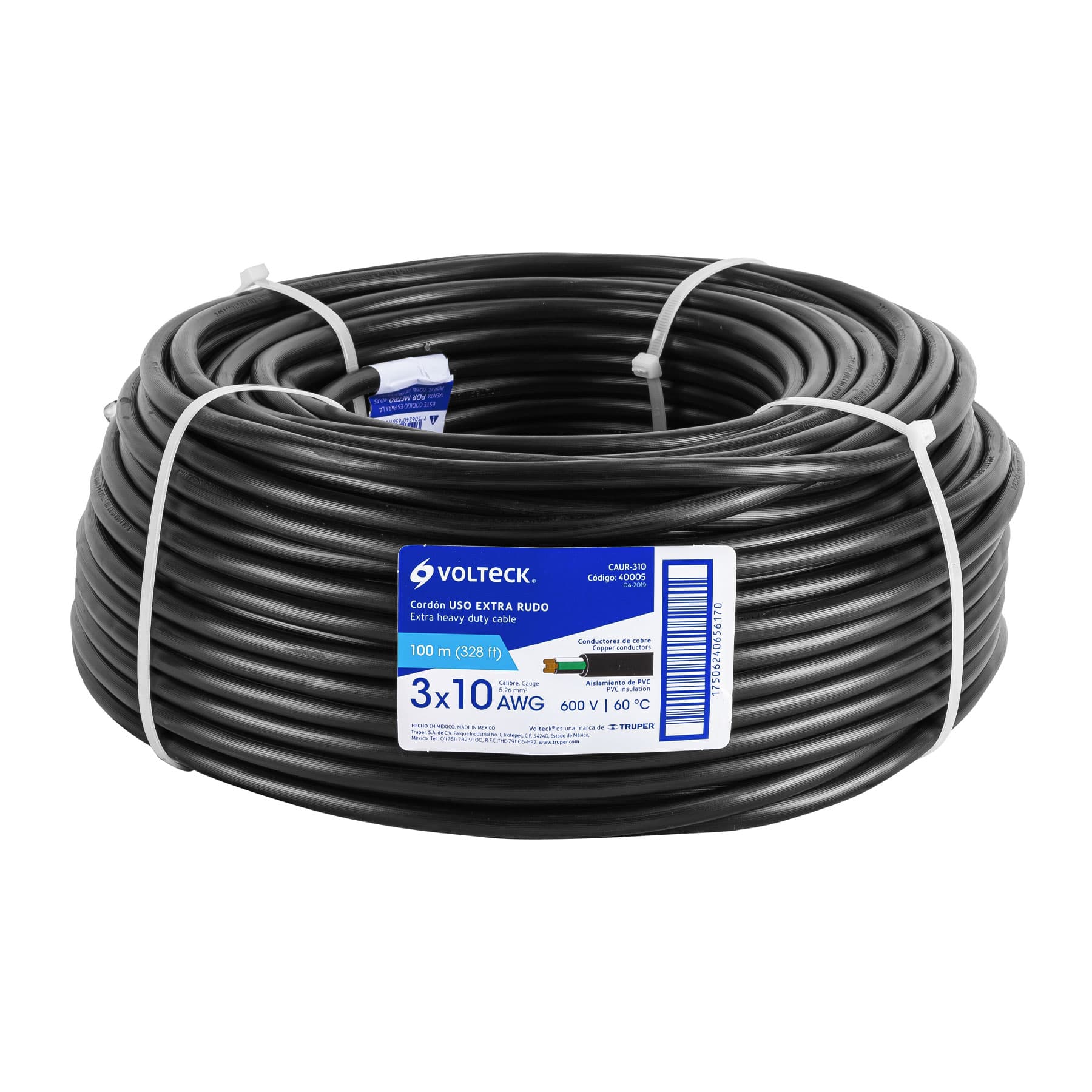 Cable Eléctrico de Uso Rudo 3 Hilos Calibre 10 AWG, Hasta 600 V