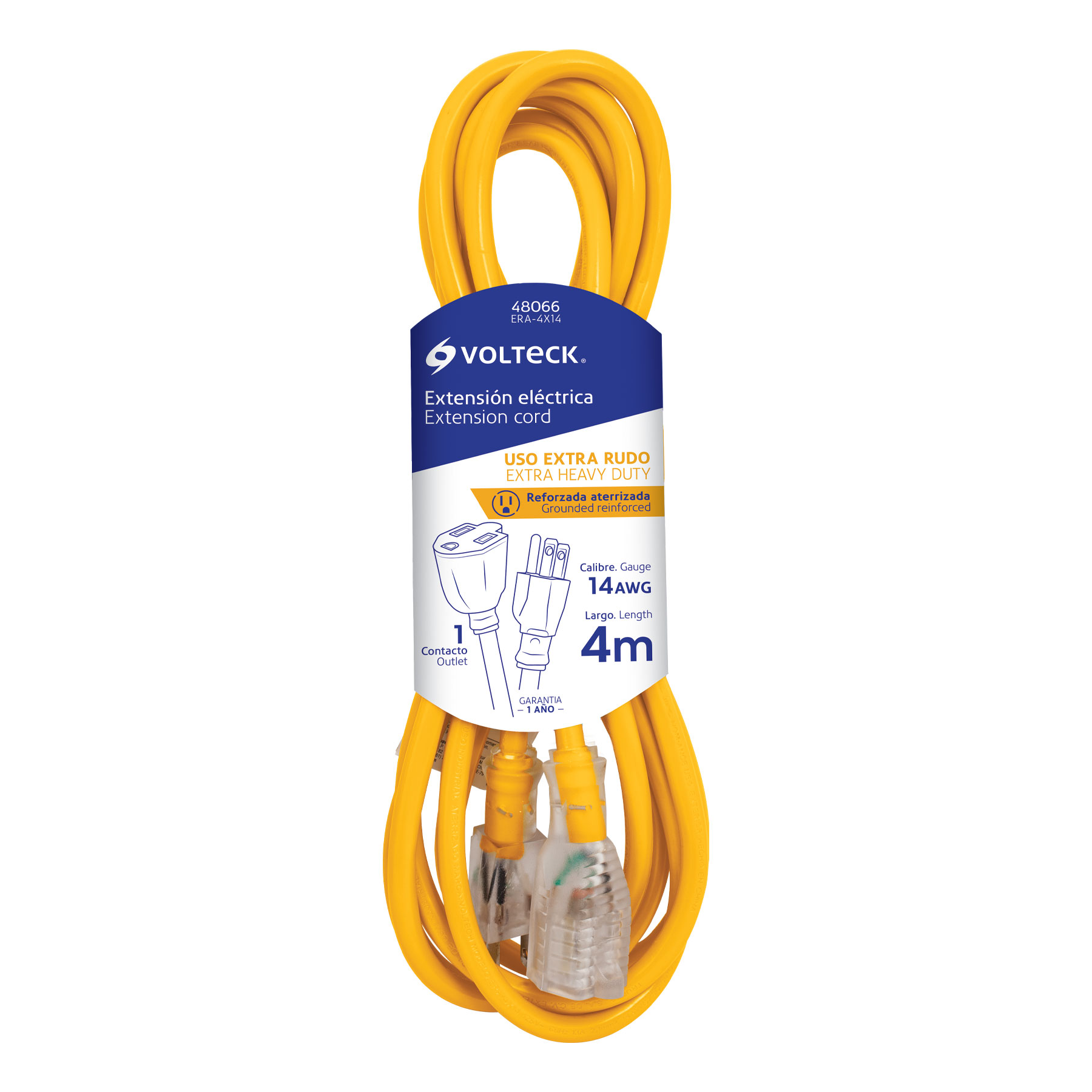 Extensión eléctrica uso rudo aterrizada color amarillo, 30 m