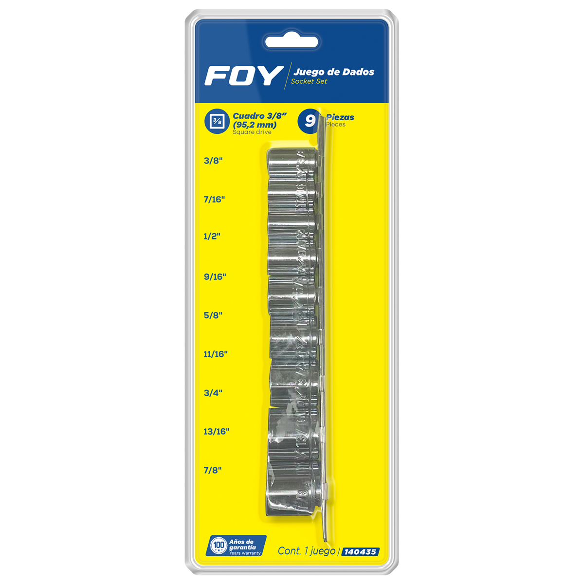 Juego de dados cuadro de 3/8", 6 puntas, en pulgadas, 9 piezas Foy