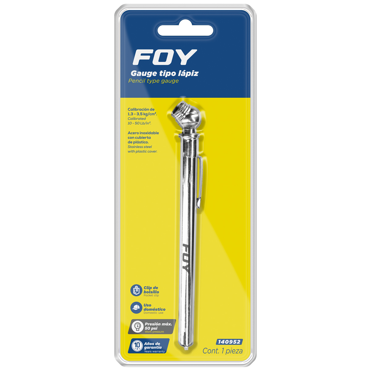 Gauge tipo lápiz 50 PSI, 30.90 cm Foy