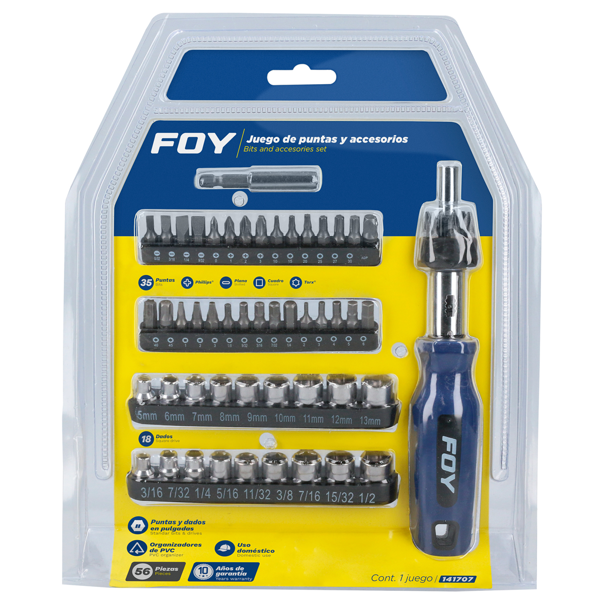 Juego de puntas y accesorios hexágono de 1/4", 56 piezas en blíster Foy