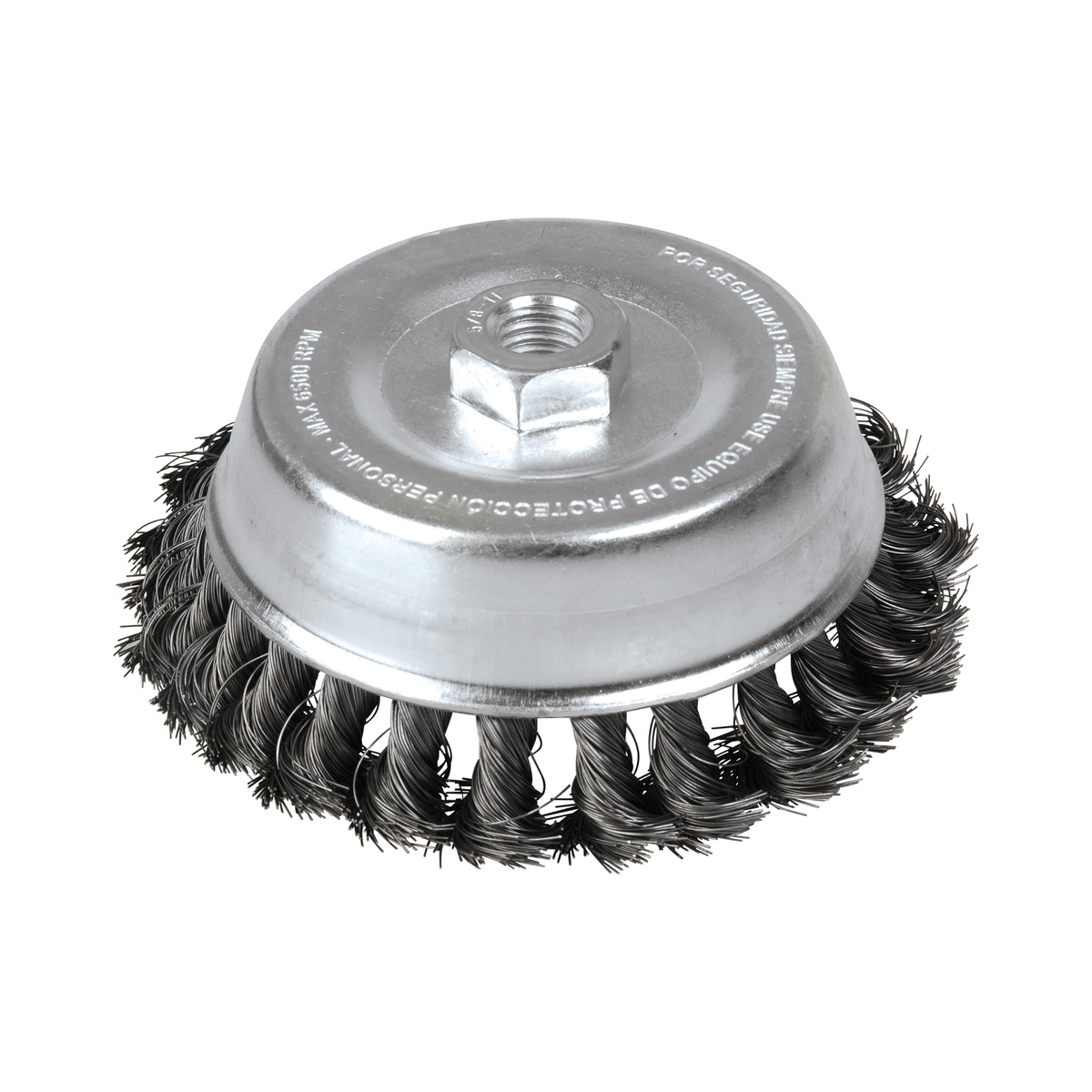 Carda copa trenzada alambre grueso 4" x 0.50 con rosca 5/8" Foy
