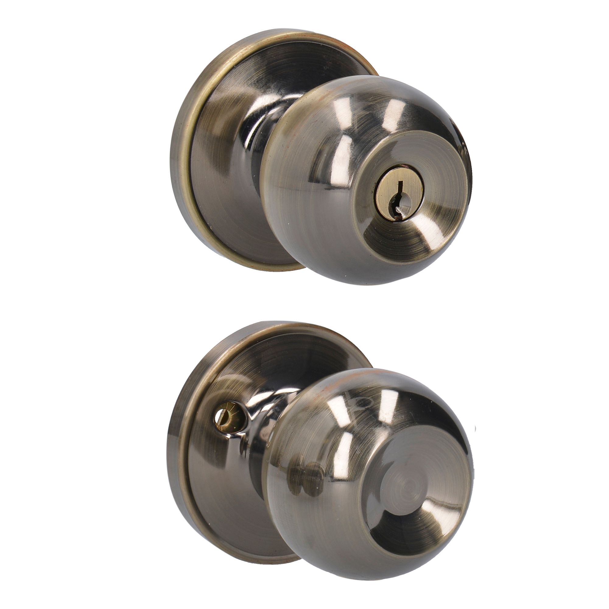 Pomo tubular bola función entrada, latón antiguo, llave estándar, blíster Lock