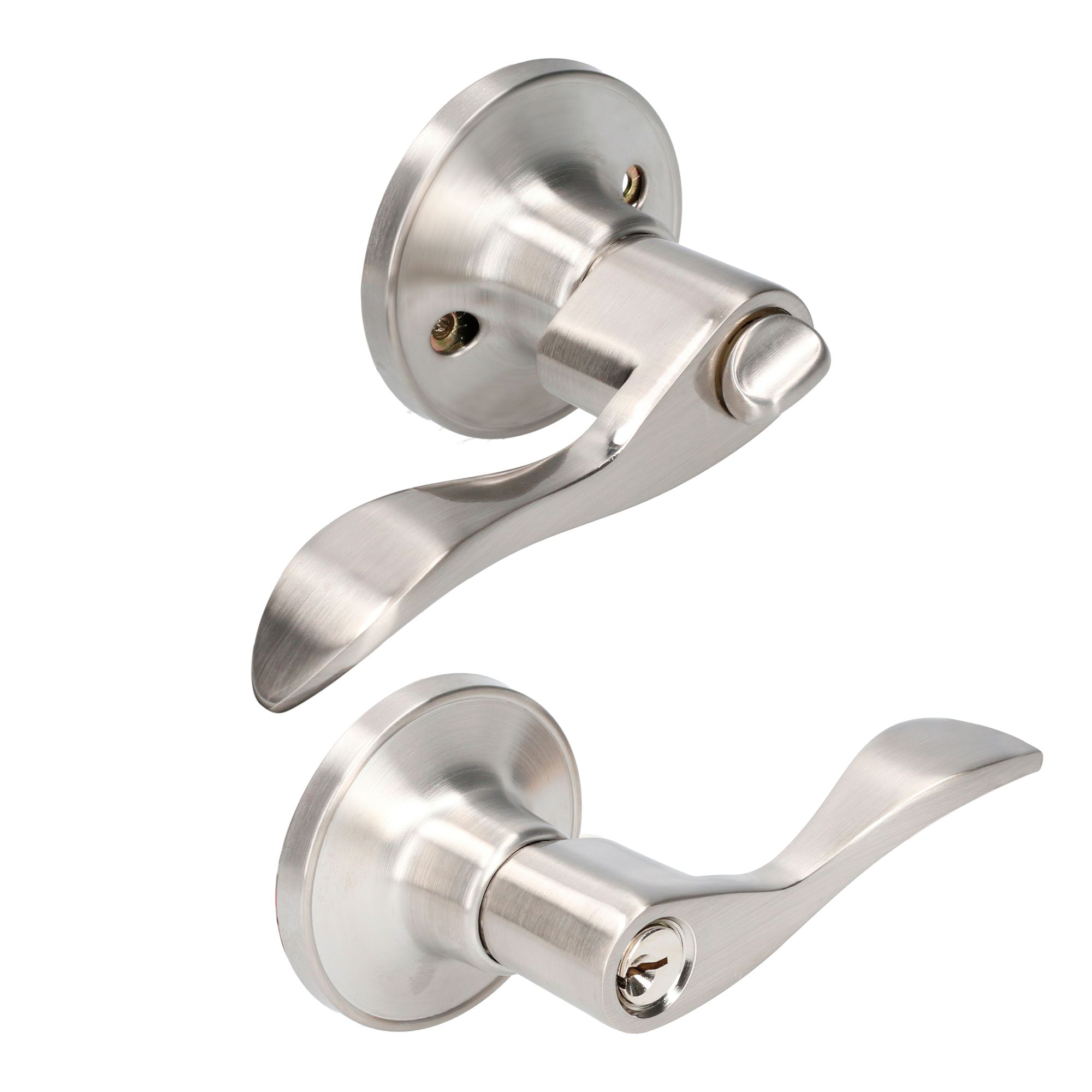 Manija tubular curva función entrada y recámara, níquel satinado, llave estándar, blíster Lock