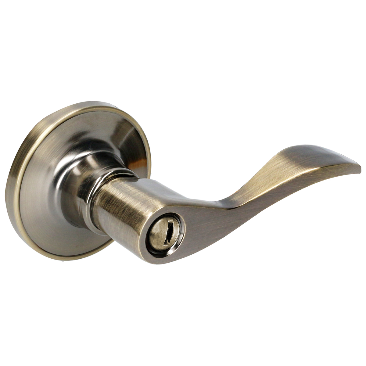 Manija tubular curva función baño, latón antiguo, llave estándar, blíster. Lock