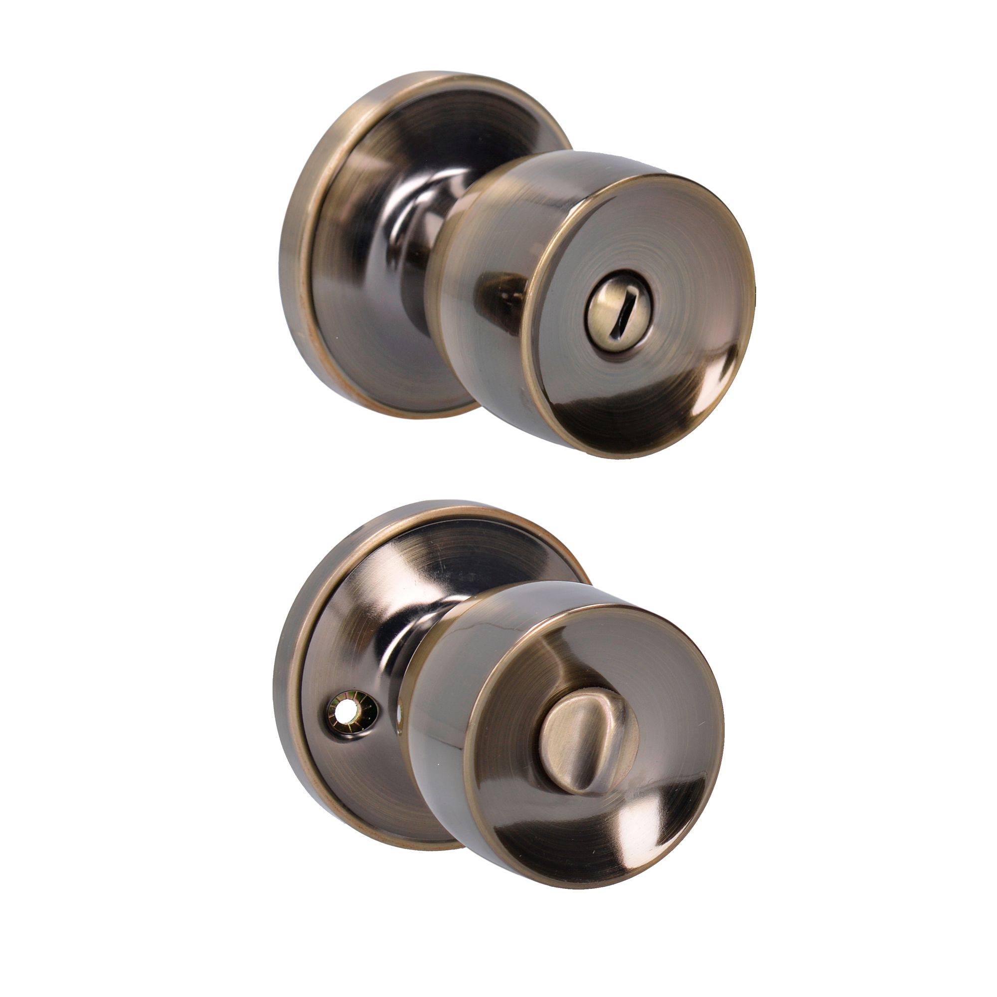 Pomo tubular copa recta función baño, latón antiguo, llave estándar, blíster Lock