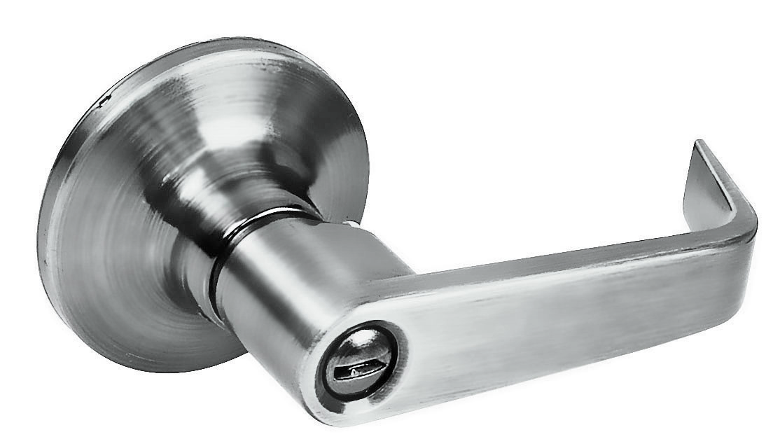 Manija tubular plana función baño, níquel satinado, llave estándar, blíster Lock
