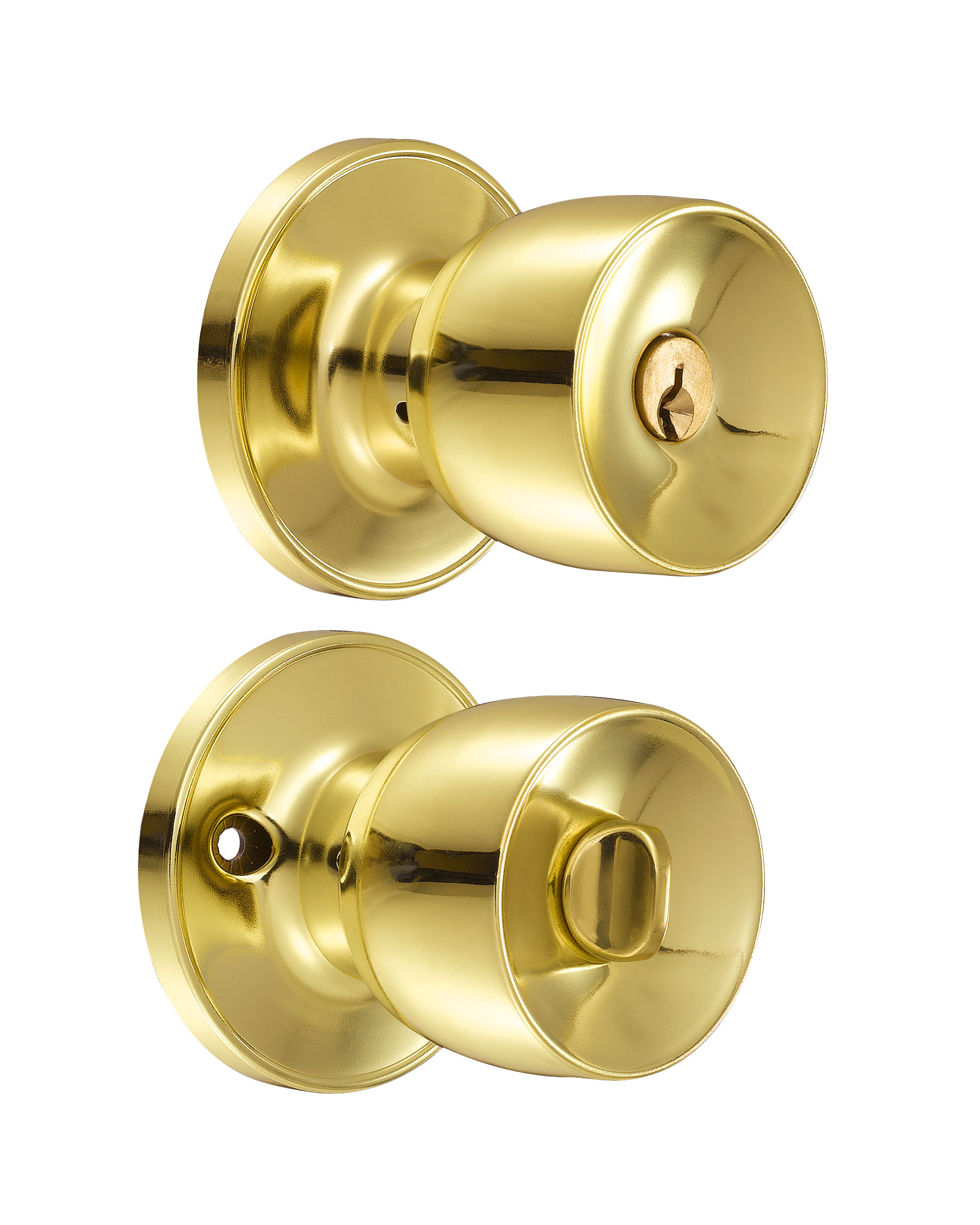 Pomo tubular copa recta función baño, latón brillante, llave estándar, blíster Lock