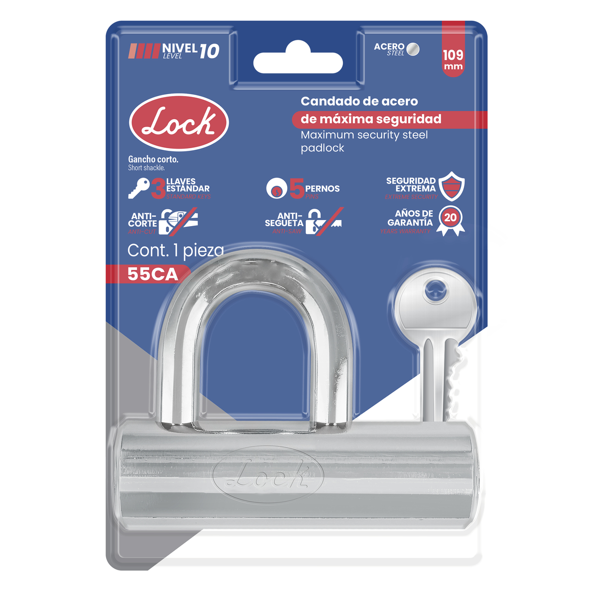 Candado de máxima seguridad tipo gancho corto 109 mm, llave estándar Lock