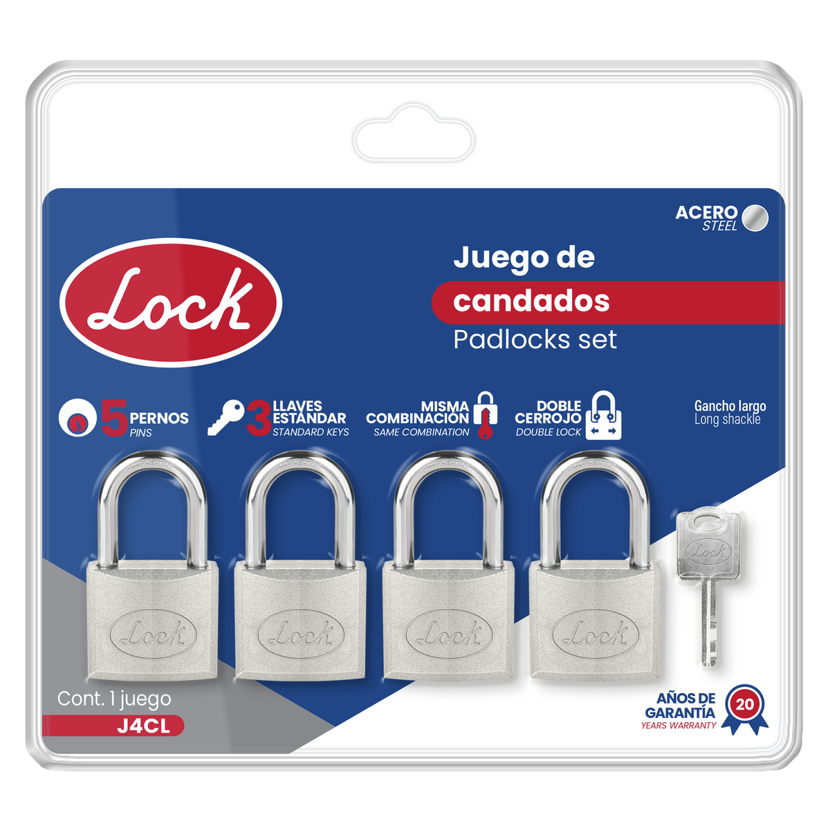 Juego de candados de acero largos 38 mm, llave estándar, 4 piezas Lock
