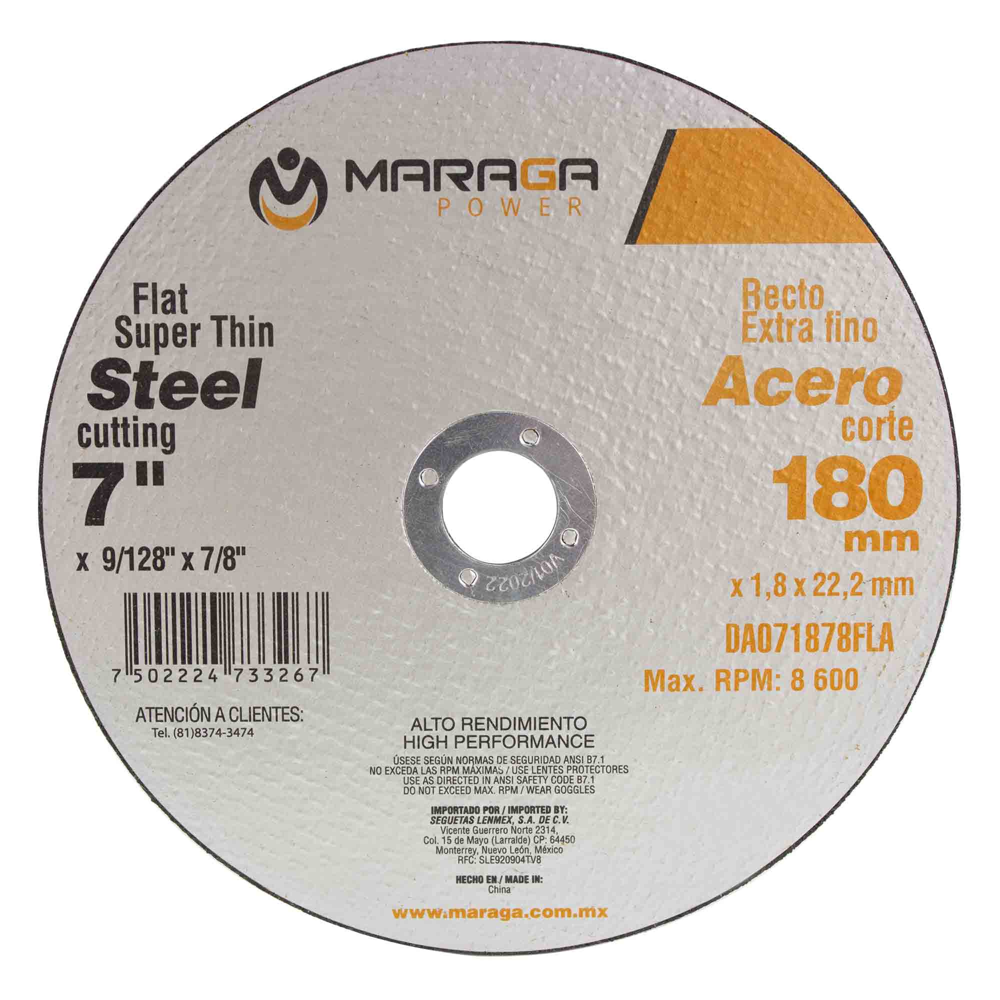 Disco Abrasivo de 7" Grosor 9/128" Eje 7/8", 50 piezas MARAGA Disco de Corte de 7 Grosor 1/8 Eje 1 Pulgadas Maraga