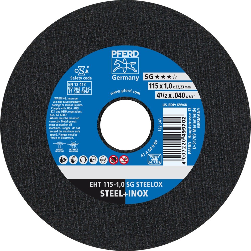 Disco de Corte 115 x 1 mm Alto Rendimiento Para Acero y Acero Inoxidable 25 Piezas PFERD 61340412