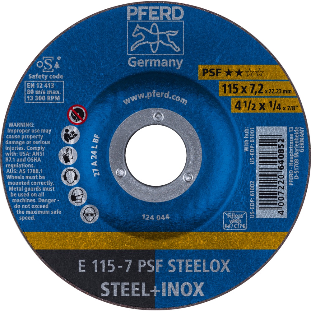 Disco de Desbaste 115 x 7.2 mm Alto Rendimiento Para Acero y Acero Inoxidable 10 Piezas PFERD 62011640