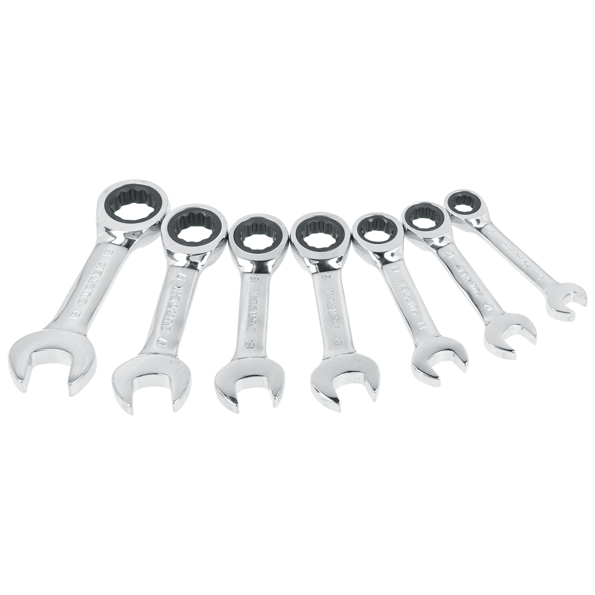 Juego de llaves combinadas cortas pulido espejo de matraca mét, 12 puntas,7 pz en rack Surtek