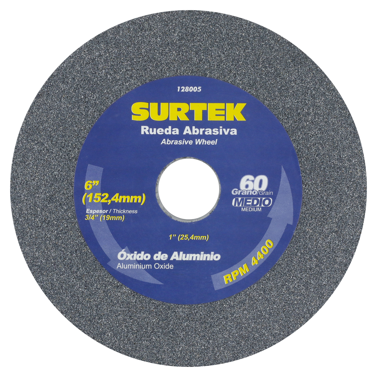 Rueda abrasiva de óxido de aluminio grano 60, 6" x 3/4" Surtek