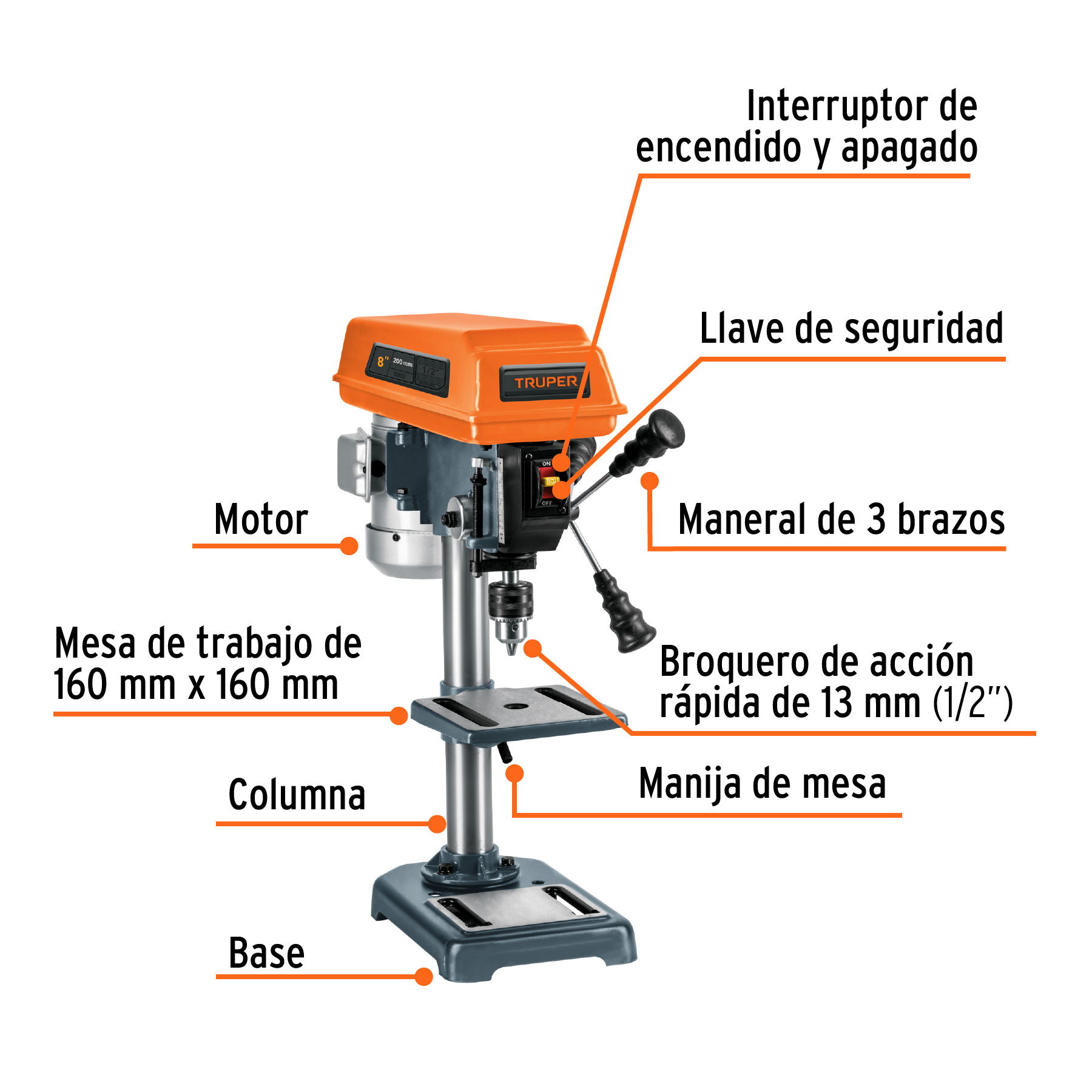 Taladro de banco TRUPER 250W (1/3HP) 1/2” X 8” Mod. TAPI-8 - Vaqueiros  Ferreteros