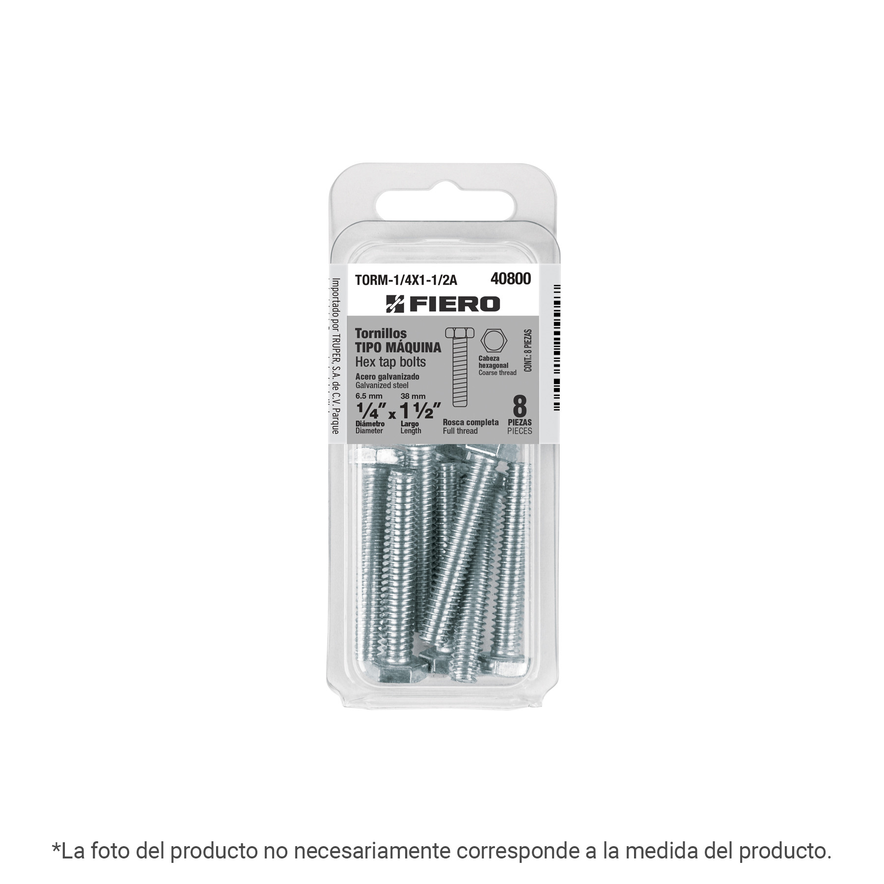 Blíster con 4 tornillos 3/8' x 1-1/2' tipo máquina, FIERO