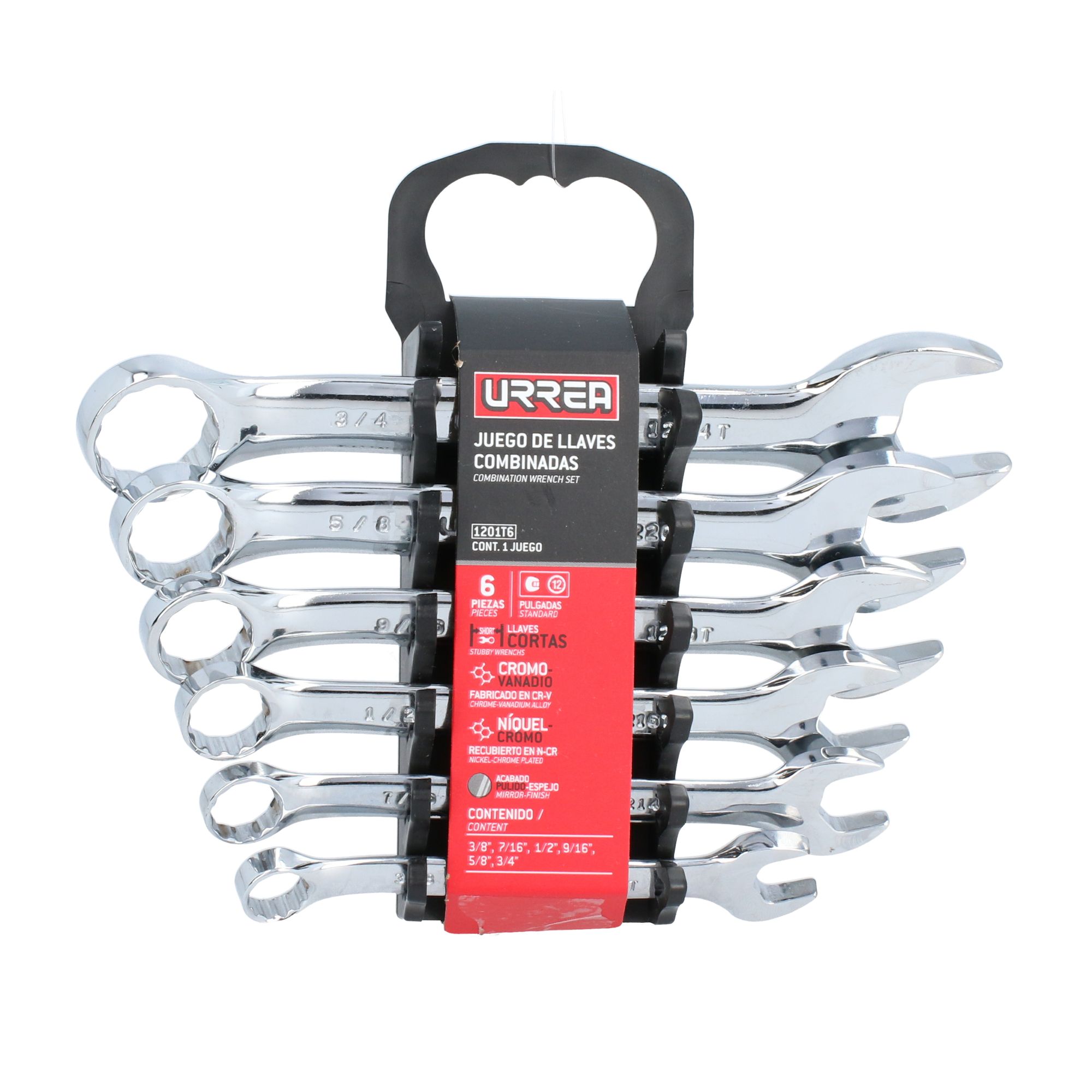 Juego de llaves combinadas cortas pulido espejo en pulgadas, 12 puntas, 6 pz en rack Urrea
