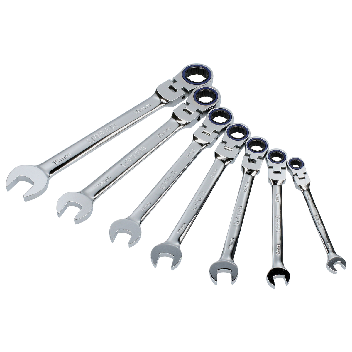 Juego de llaves combinadas pulido espejo de matraca flex mét, 12 puntas,7 pz en rack Urrea