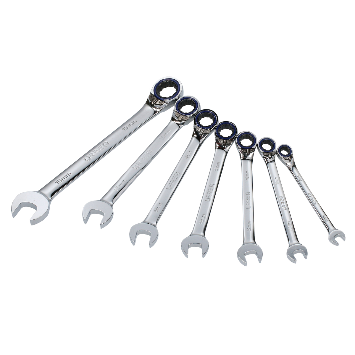 Juego de llaves combinadas pulido espejo de matraca rev mét, 12 puntas,7 pz en rack Urrea