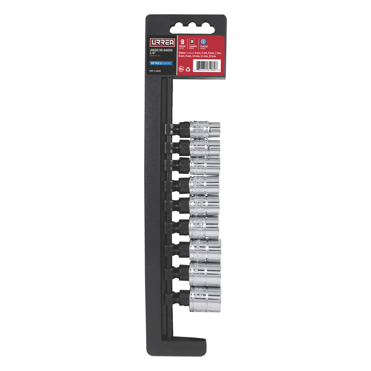 Juego de dados cuadro de 1/4", 6 puntas, métricos, 9 piezas Urrea