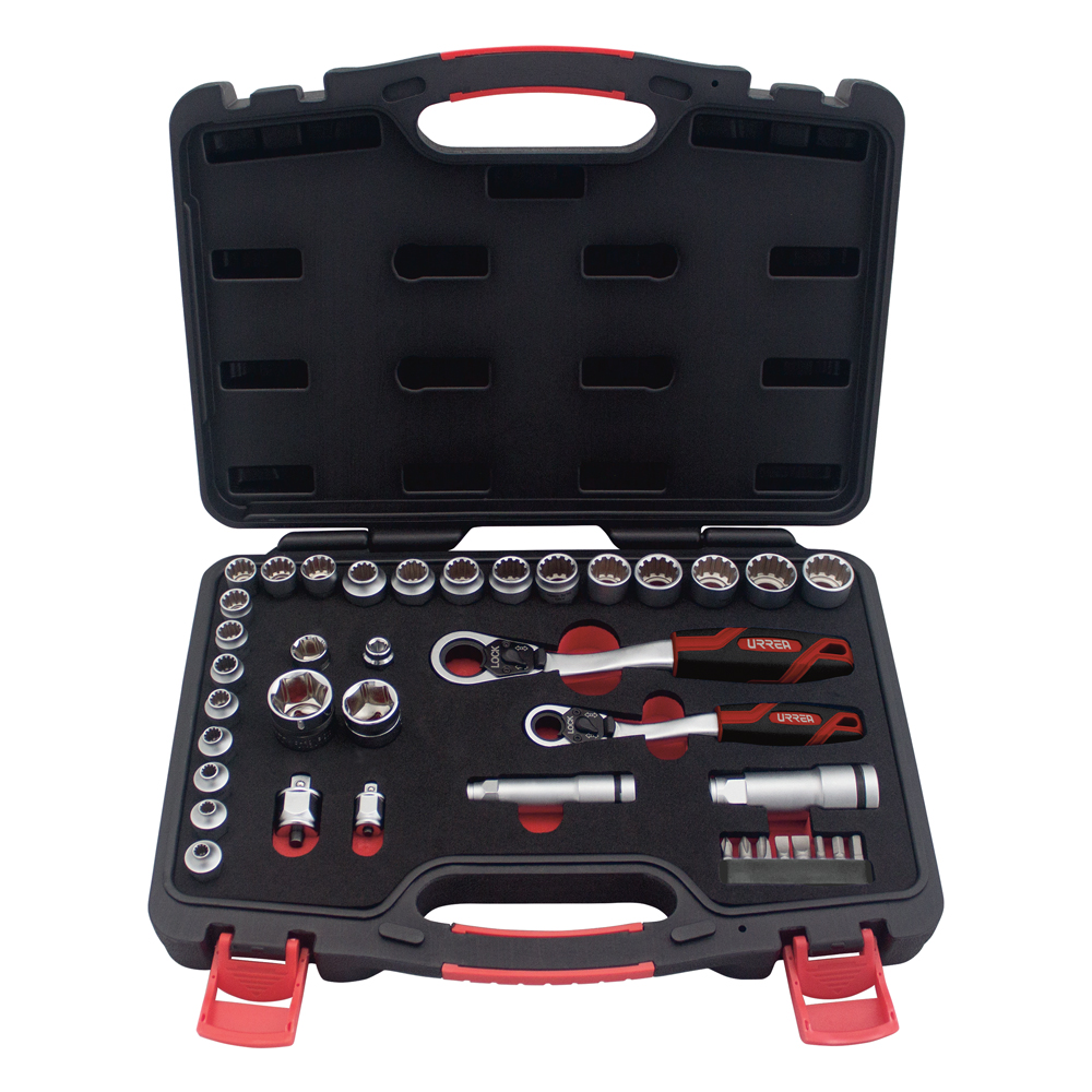 Juego de dados y accesorios cuadro de 3/8" y 1/2" Go-Through combinado, 39 piezas Urrea