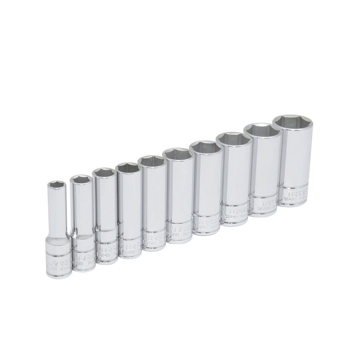 Juego de dados largos cuadro de 3/8", 6 puntas, en pulgadas, 10 piezas Urrea