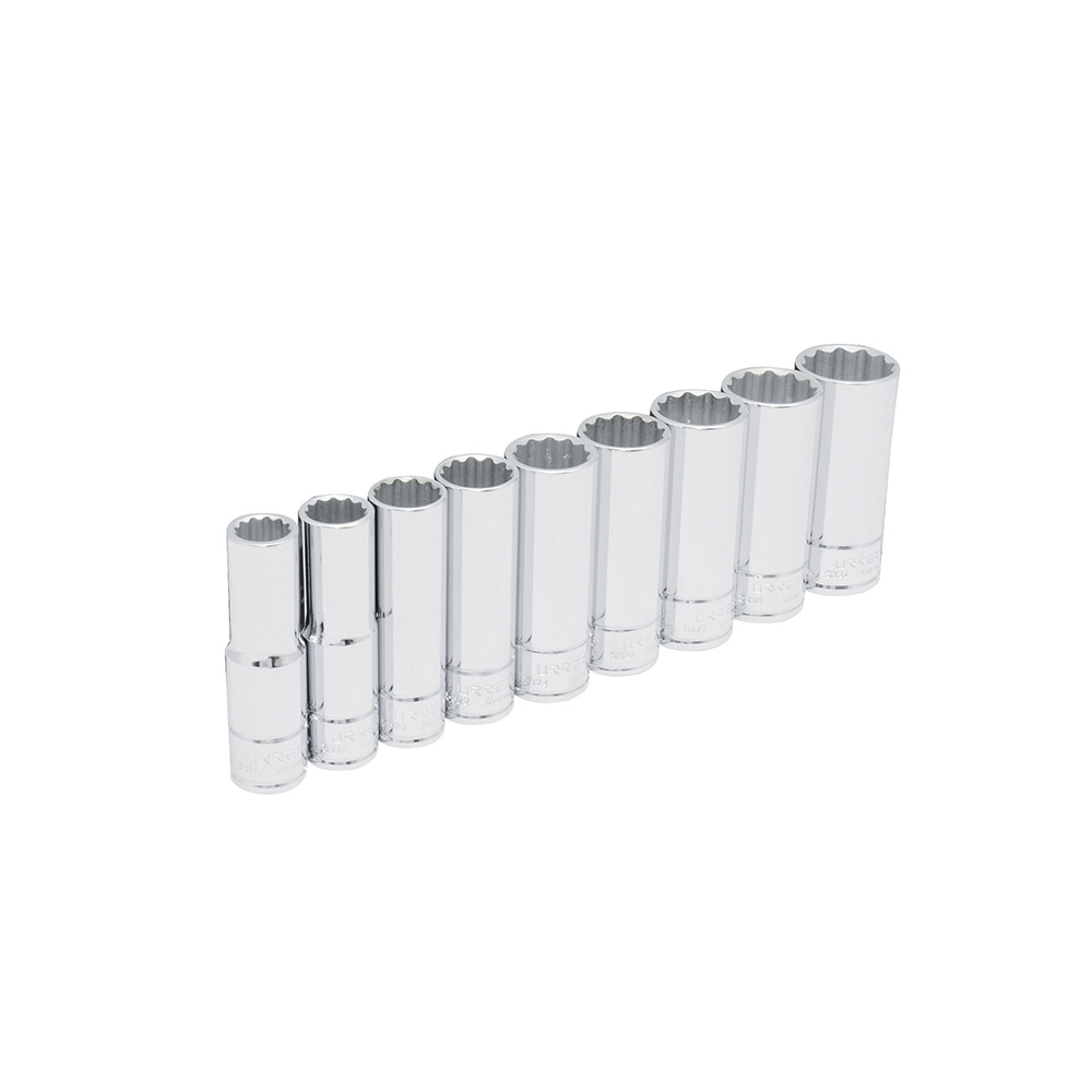 Juego de dados largos cuadro de 1/2", 12 puntas, en pulgadas, 9 piezas Urrea