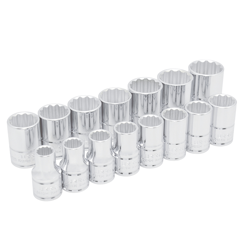 Juego de dados cuadro de 1/2", 12 puntas, métricos, 15 piezas Urrea