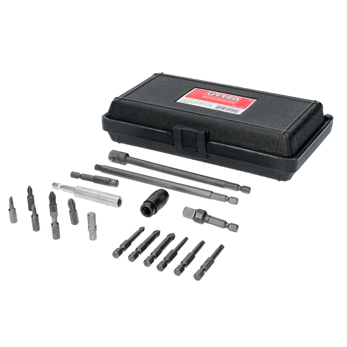 Juego de puntas y accesorios cuadro de 1/4", 19 piezas en caja plástica Urrea