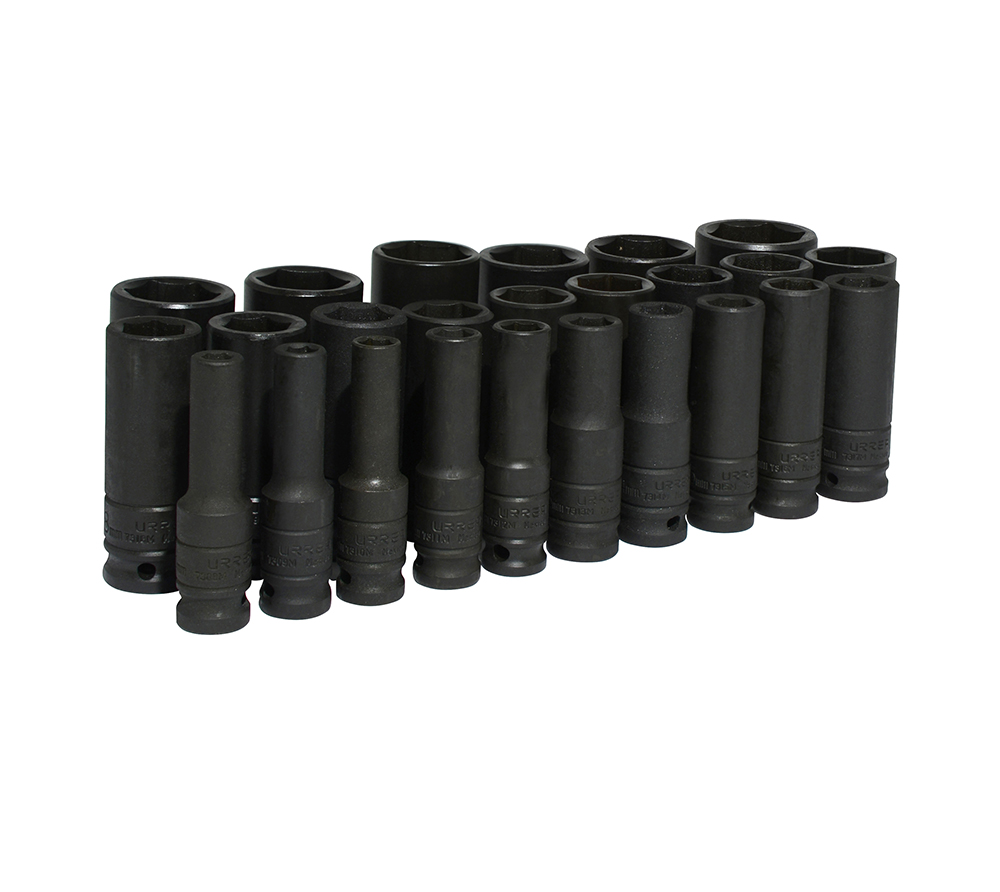 Juego de dados largos de impacto cuadro de 1/2", 6 puntas, métricos, 25 piezas Urrea