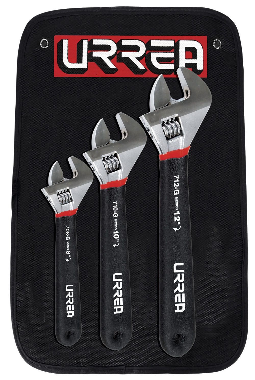 Juego de llaves ajustables cromadas con mango Rubber Grip, 3 piezas en estuche Urrea