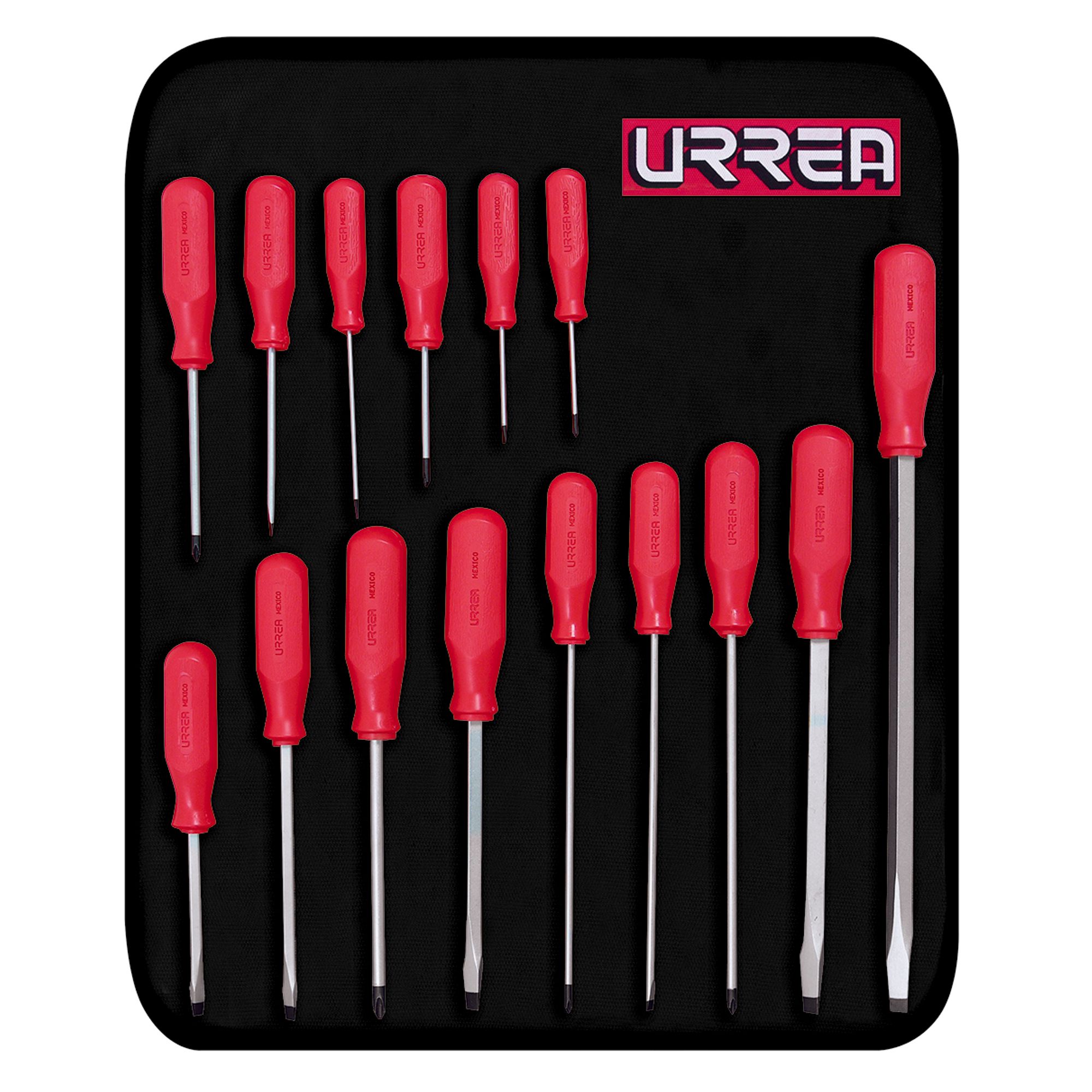 Juego de destornilladores con mango rojo, combinados, 15 piezas en estuche Urrea
