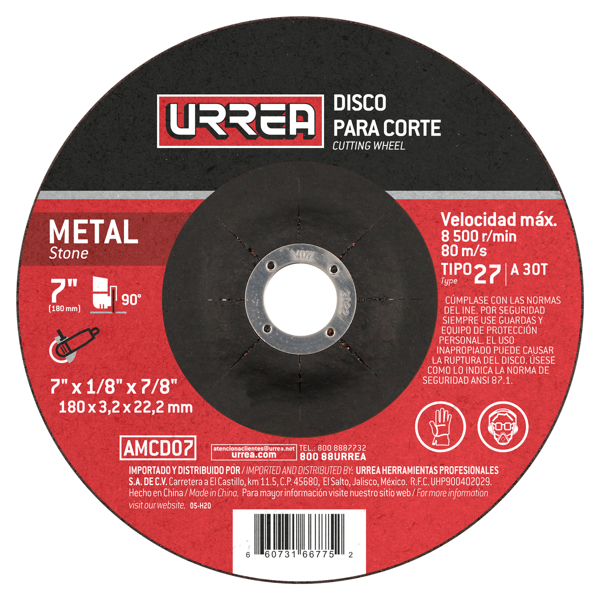 Disco abrasivo tipo 27 para metal 7" x 1/8" Urrea