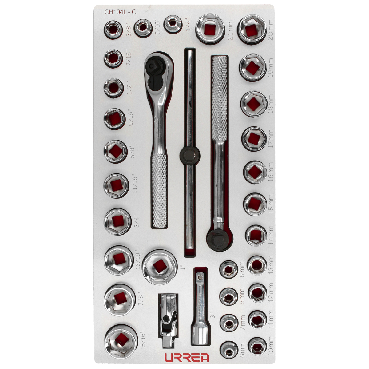 Juego de dados cortos y accesorios cuadro de  3/8" combinados 34 piezas, CH104L-C Urrea