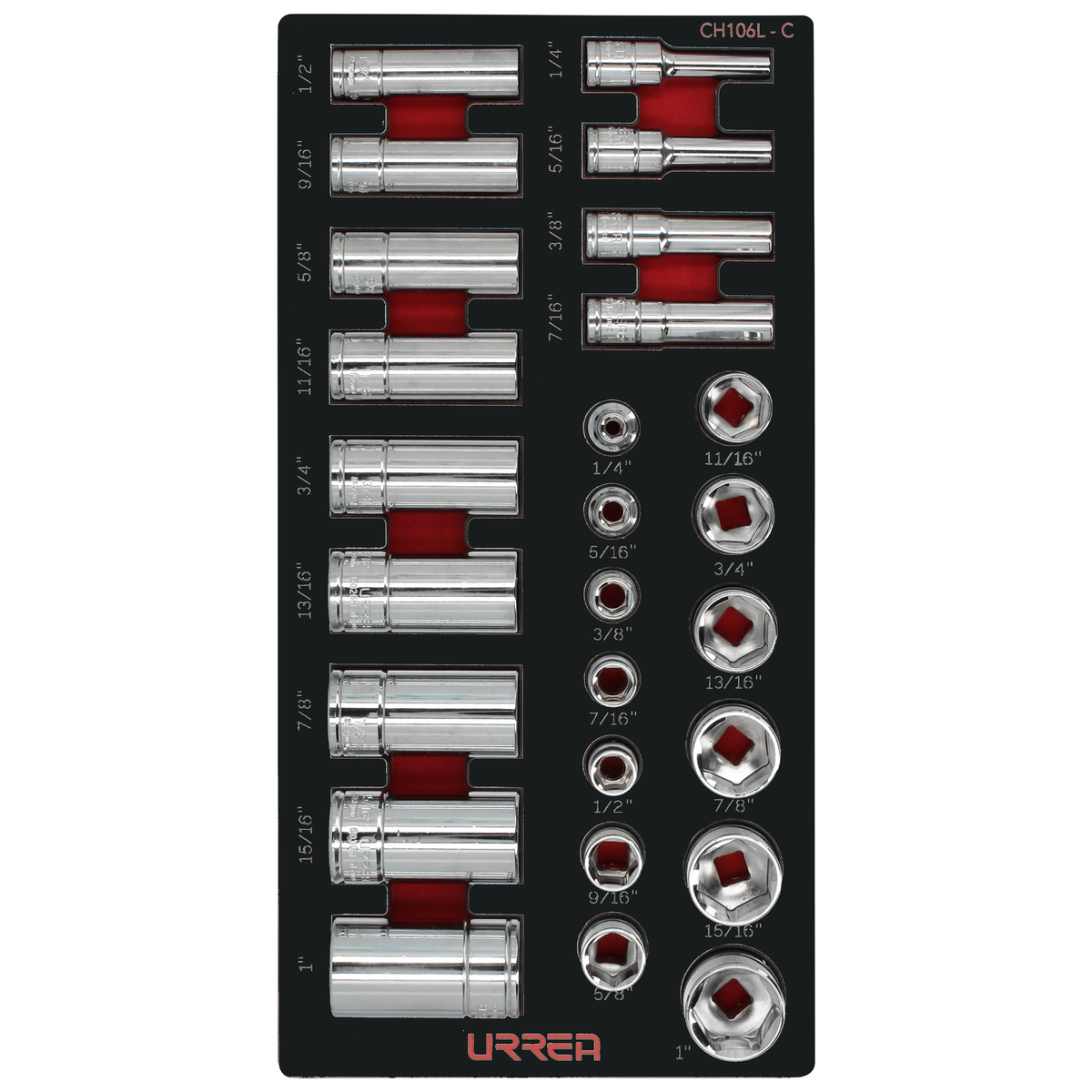 Juego de dados cortos y largos cuadro de 3/8" en pulgadas 26 piezas, CH106-C Urrea