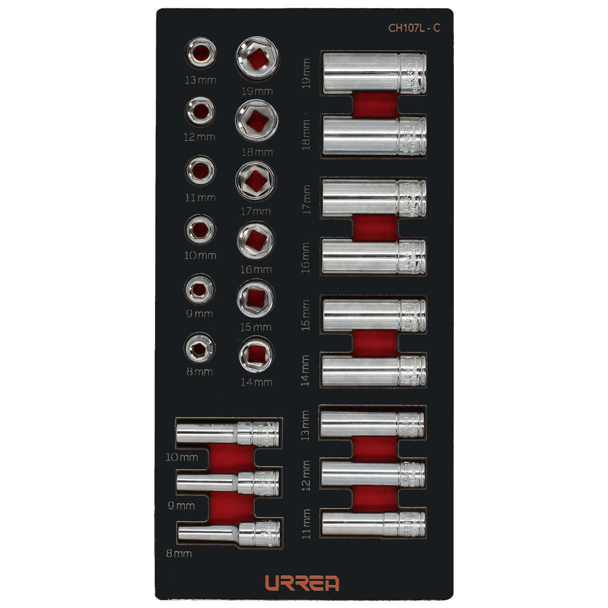 Juego de dados cortos y largos cuadro de 3/8" métricos 24 piezas, CH107-C Urrea