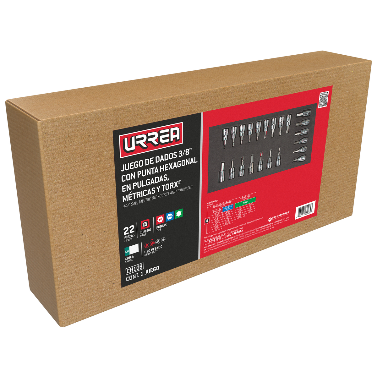 Juego de dados cuadro de 3/8" varias puntas 22 piezas, CH108-C Urrea