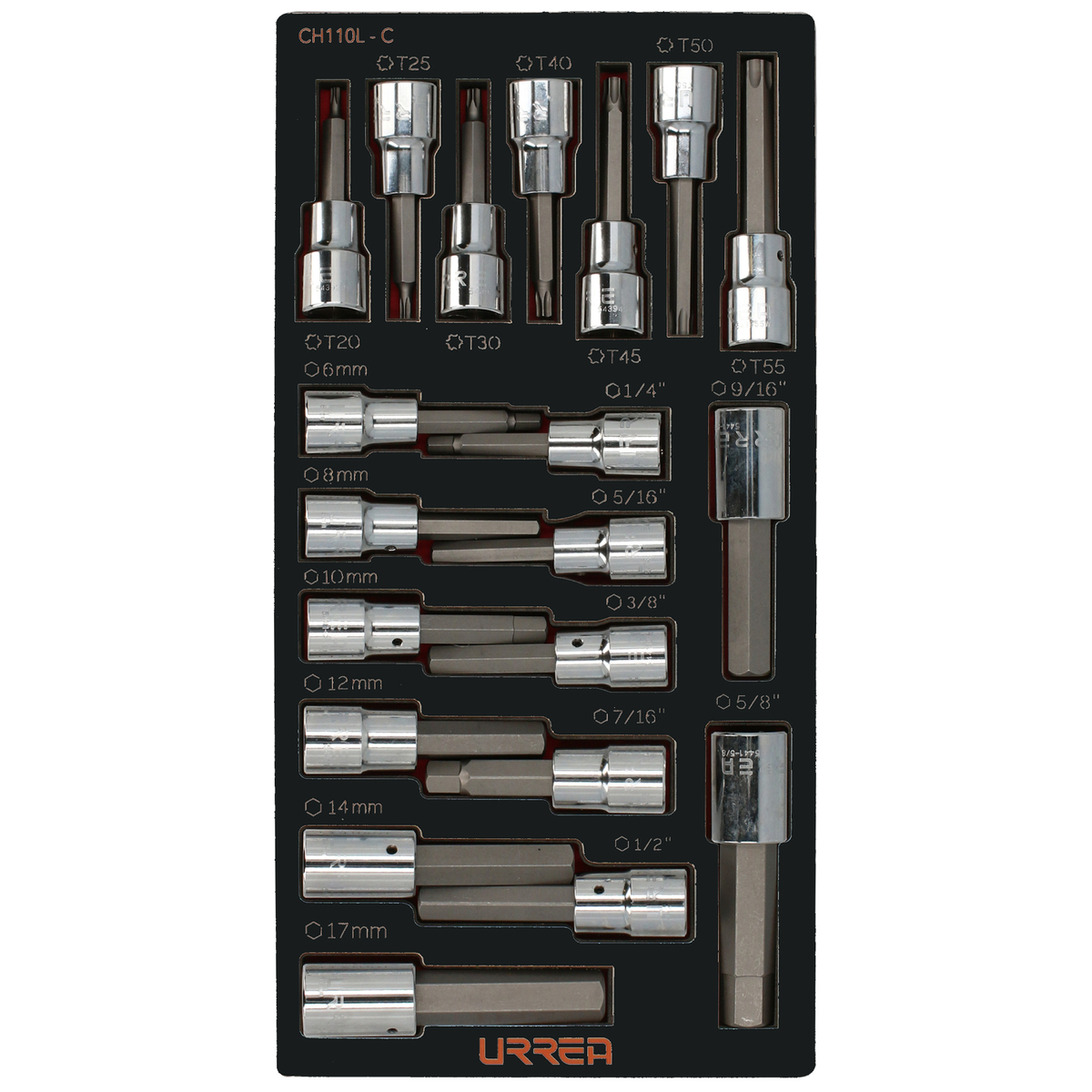 Juego de dados cuadro de 1/2" varias puntas 20 piezas, CH110-C Urrea