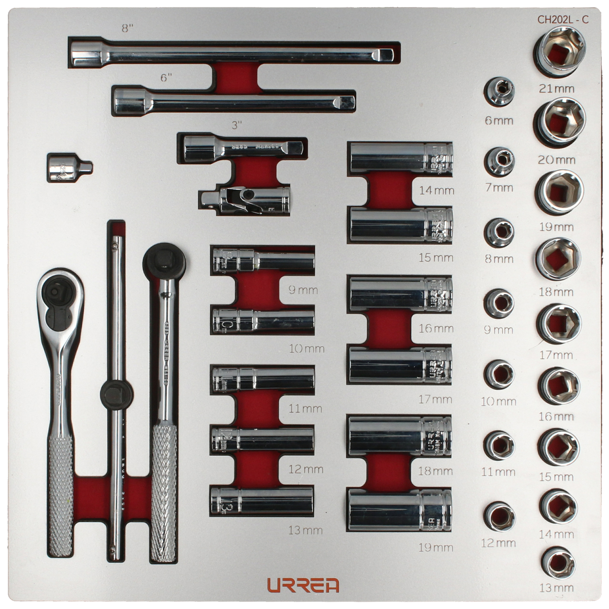 Juego de dados cortos,largos y accesorios cuadro de 3/8" métricos 35 piezas, CH202L-C Urrea