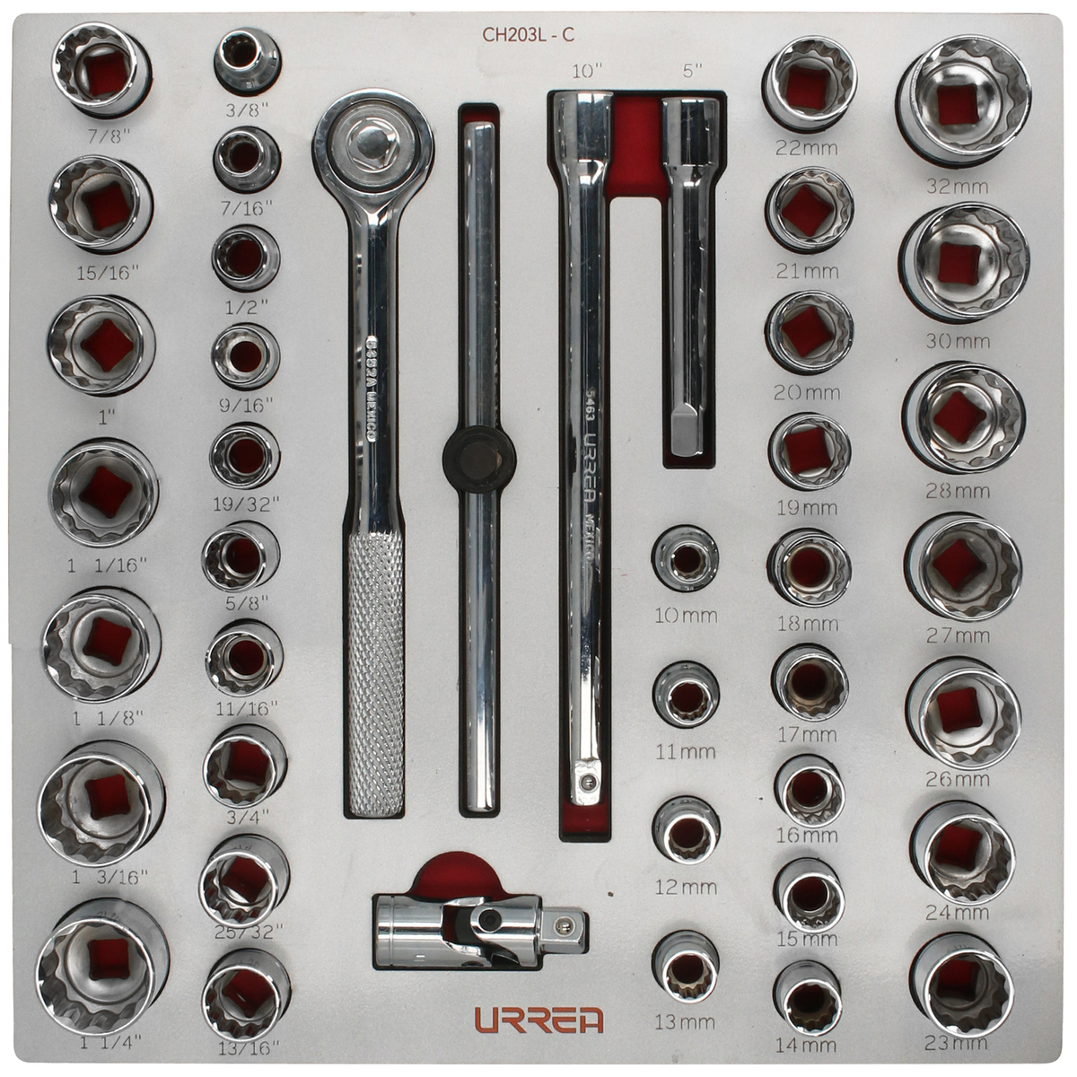 Juego de dados cortos y accesorios de 1/2" combinados 42 piezas, CH203L-C Urrea
