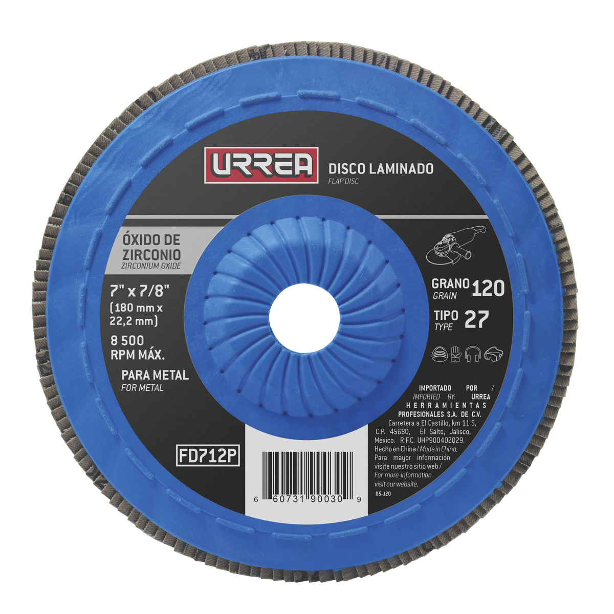 Disco laminado tipo 27 grano 120 con respaldo plástico, 7" Urrea