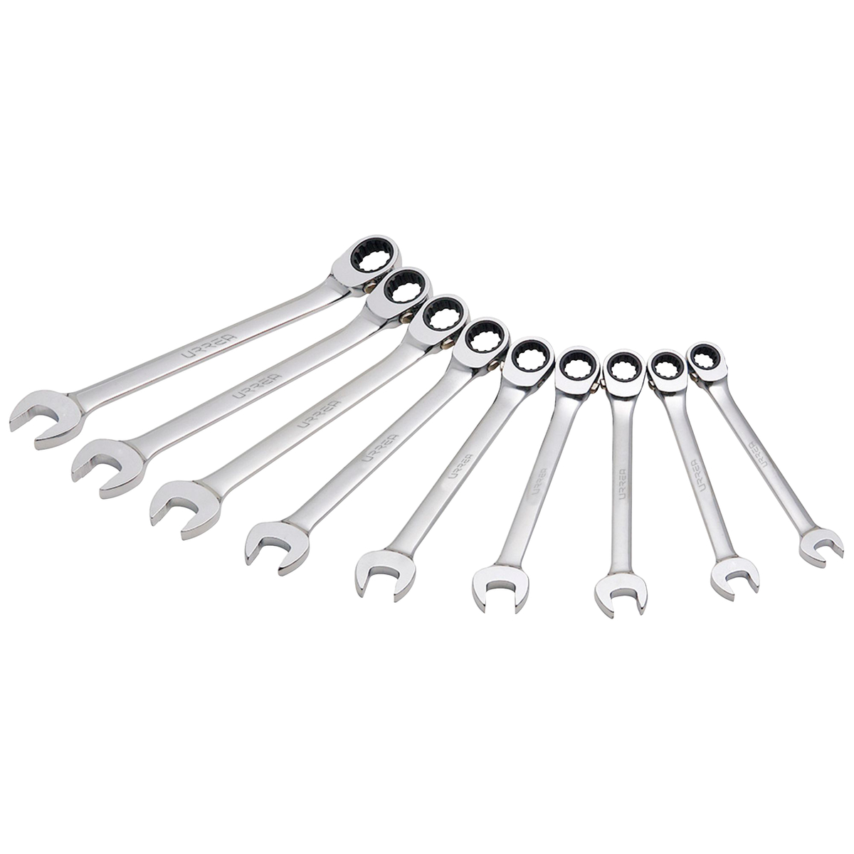 Juego de llaves combinadas pulido espejo de matraca spline rev en pulg,9 pz en caja plást Urrea