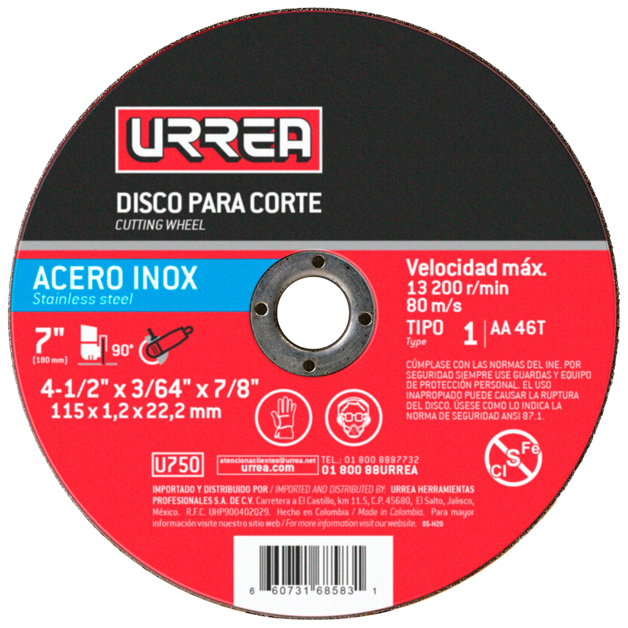 Disco abrasivo tipo 1 para acero inoxidable 4-1/2" x 3/64" Urrea